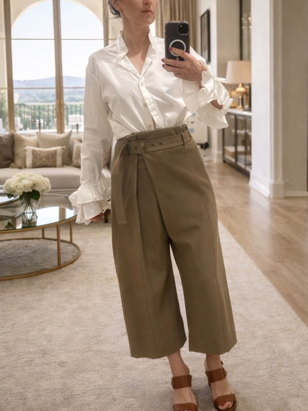 Brunello Cucinelli Asymmetric-Pleat Belted Wide-Leg Pants Taupe Monili detail